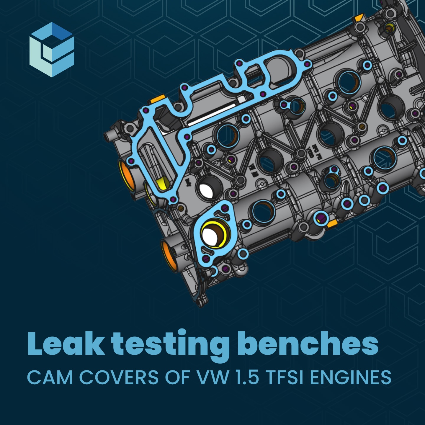 Leak testing benches with differential technology for the cam covers of VW 1.5 TFSI engines.