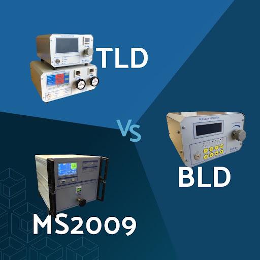The image shows a visual comparison of three different models of leak detection devices manufactured by E.C.B. S.r.l.